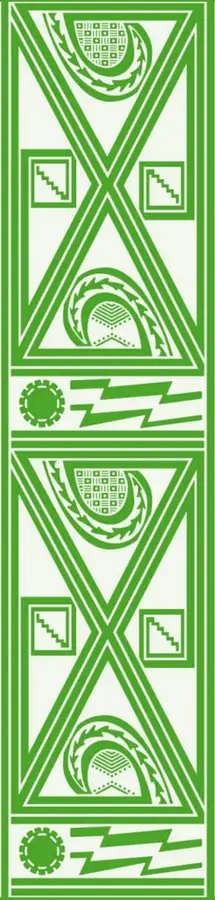 Ilustración vertical de motivos geométricos y simbólicos tradicionales mexicanos (triángulos, círculos, rayos, serpientes) en tonos verdes sobre fondo claro, que representan obras comunitarias tradicionales.