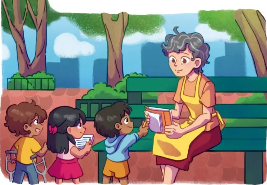 Ilustración de tres niños entrevistando a una señora adulta sentada en un banco de un parque, quien sostiene un libro; una de las niñas toma notas.