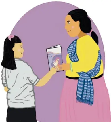 Ilustración de una niña entregando un folleto a una mujer adulta, con fondo morado. Al pie se lee: Fátima Sandra Rubiales Sánchez, Estado de México.