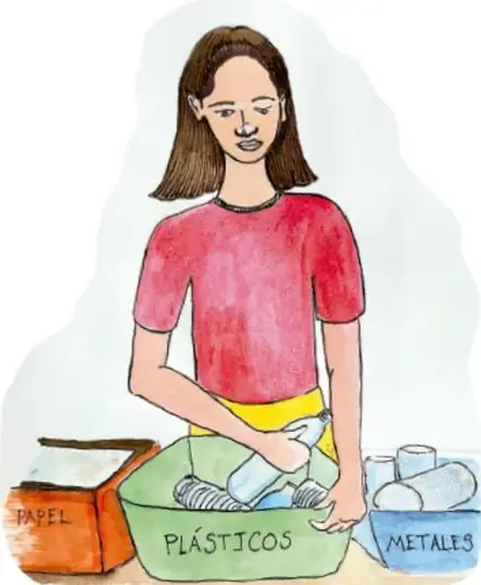Ilustración en acuarela de una niña de playera rosa que separa materiales de reciclaje en cajas rotuladas 'papel', 'plásticos' y 'metales'. Crédito: Miguel Ángel Luna Vargas, Morelos.