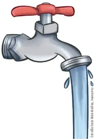 Llave de agua abierta de la que cae un chorro, símbolo de la indagación sobre el agua.