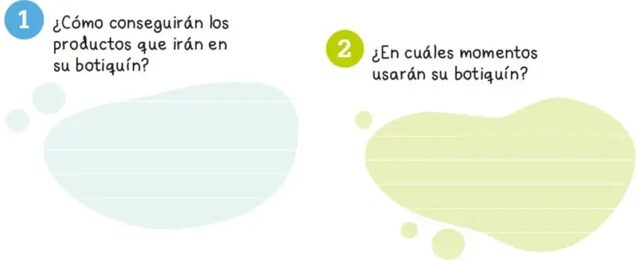 Dos recuadros con forma de nube: el 1 en azul y el 2 en verde, para escribir respuestas.
