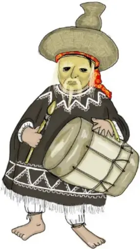 Ilustración de un huehuentón con máscara amarilla, paliacate rojo y capa bordada tocando una guitarra.