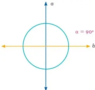 Recta $a$ vertical intersecada por recta $b$ horizontal, formando cuatro ángulos de $90^\circ$; se marca $\alpha = 90^\circ$.