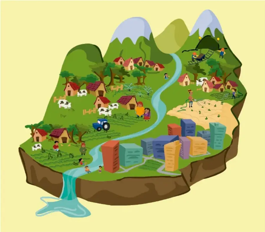 Ilustración de un paisaje en forma de isla flotante. En la parte alta hay montañas y casas rurales con cultivos, vacas, ovejas, un tractor y personas trabajando la tierra. Un río atraviesa el paisaje y cae como cascada. En la parte baja y al frente se observan edificios modernos de colores, simbolizando la ciudad contemporánea. La imagen representa el vínculo entre el pasado rural y el presente urbano de una comunidad.