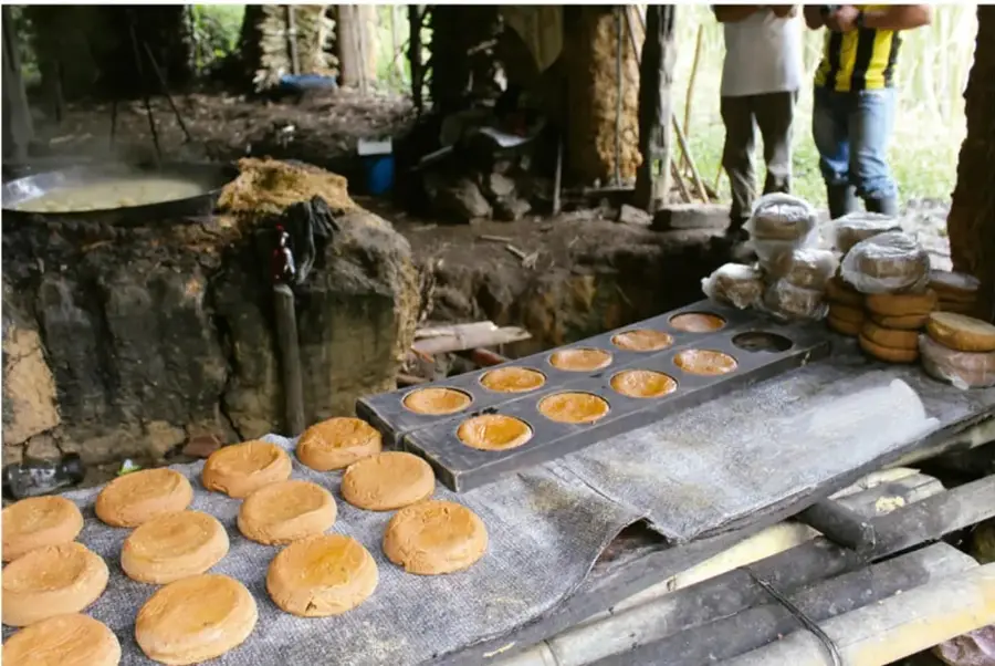 Fotografía de un taller artesanal al aire libre donde se hornean galletas: moldes metálicos con masa, galletas terminadas sobre un trapo, horno rústico y dos personas de pie al fondo.
