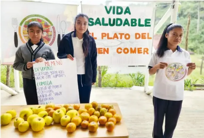 Fotografía de tres estudiantes frente a la cartelera «VIDA SALUDABLE — EL PLATO DEL BIEN COMER»; una sostiene un cartel escrito a mano con «MI MENÚ» (desayuno y comida con fruta de temporada, verduras, leguminosas) y otra un plato ilustrado; en primer plano hay una mesa con frutas (manzanas y naranjas).