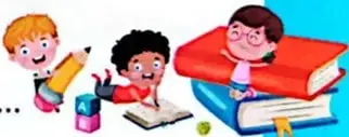 Ilustración de estudiantes escribiendo y trabajando en equipo con materiales escolares.
