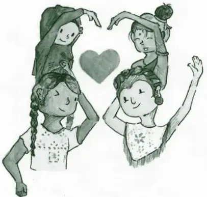Ilustración de cuatro niñas y niños sonrientes formando un corazón con sus brazos, con un corazón verde en el centro.