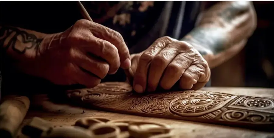 Fotografía en primer plano de las manos de un artesano tallando a cincel un relieve con motivos ornamentales sobre una pieza de madera; se aprecian sus brazos con tatuajes y la herramienta de tallado en uso.