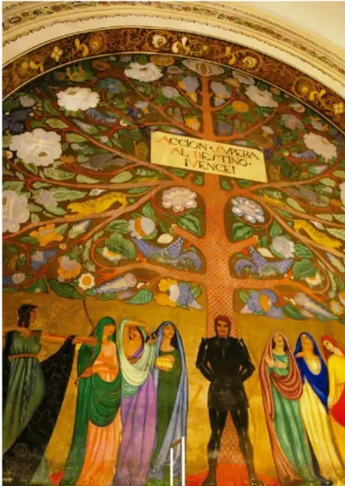 Mural *El árbol de la vida* de Roberto Montenegro: árbol con flores, frutos y figuras humanas alegóricas bajo una inscripción.