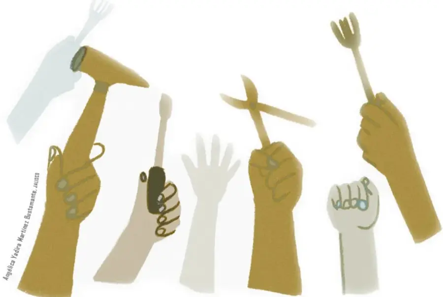 Ilustración de varias manos levantadas sosteniendo herramientas (martillo, tenedor, cuchara, llave) y puños en alto, simbolizando la rebelión y la unión de los presos. Algunas manos son de color marrón y otras blancas, representando diversidad.