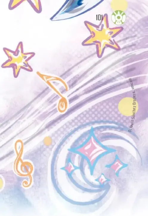 Ilustraciones decorativas con estrellas de colores, notas musicales, espirales y formas abstractas en tonos pastel.