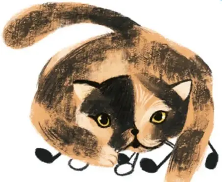 Gato calicó acostado sobre un pentagrama con notas musicales.