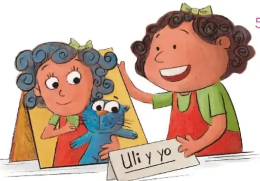 Una niña de cabello rizado junto a su obra con un gato azul y un cartel que dice «Uli y yo»; firma de Sandra Cárdenas Barragán, IAISID.