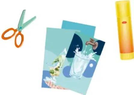 Ilustración de materiales escolares: tijeras de punta redonda, hojas o recortes con imágenes de agua (vaso y canilla) y un lápiz adhesivo amarillo.