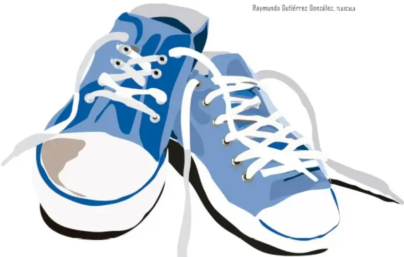 Ilustración grande de un par de tenis azules con cordones blancos sueltos y desatados, que remata el chiste del cuento.