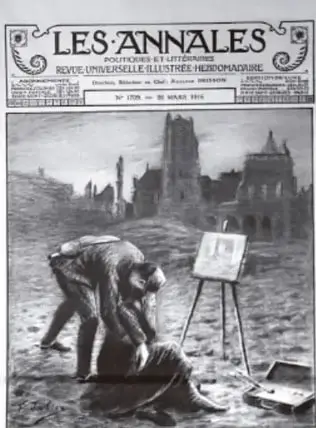 Portada de la revista 'Les Annales. Revue universelle illustrée' con una fotografía b/n de un pintor (bodegón al aire libre con caballete, escenas de guerra al fondo).