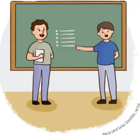 Ilustración de dos estudiantes frente a una pizarrón; uno sostiene un cuaderno y el otro señala una lista escrita, representando la presentación del proyecto.