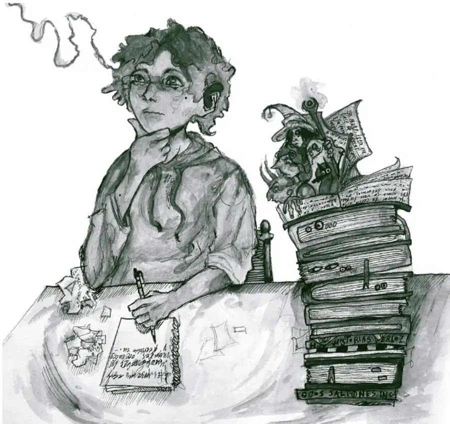 Ilustración en tinta de una persona joven con audífonos, sentada ante una mesa, con la mano en el mentón y un lápiz en la otra; a su lado, una torre de libros de la que emergen figuras fantásticas y papeles escritos. Al pie: 'Perséphone Sofía De Lucca Bautista, Justa'.