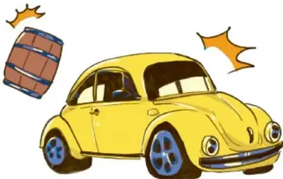 Ilustración de un auto amarillo tipo vocho con una barril y estrellas, acompañando el ejemplo de aliteración, de Brenda Flores Ramírez, PUEBLA.