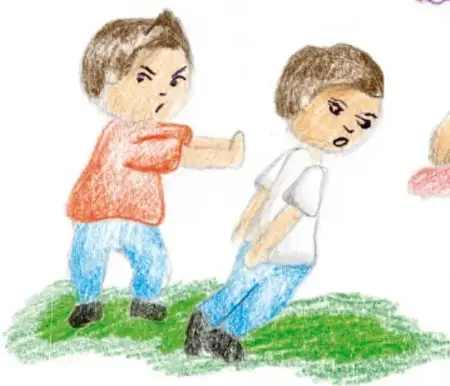 Ilustración de dos niños en un patio: uno empuja al otro, mostrando un conflicto.