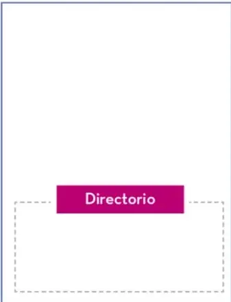 Esquema de una página con el rótulo rosa "Directorio" sobre un recuadro punteado, que representa la lista de colaboradores de la revista.