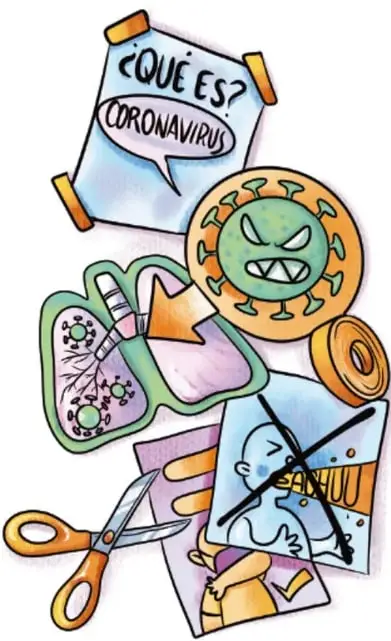 Ilustración de una lámina titulada '¿Qué es? CORONAVIRUS' junto a un personaje virus enfadado, pulmones con virus, tijeras y recortes de imágenes, acreditada a Lavinia Cabrera Sandoval, TABASCO.