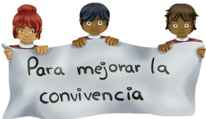 Tres niños sosteniendo una pancarta que dice 'Para mejorar la convivencia'.
