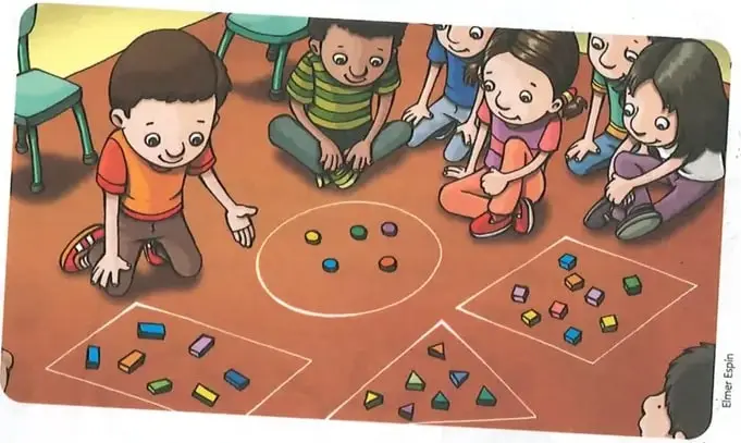 Niños que agrupan objetos de colores y formas diferentes dentro de líneas cerradas.