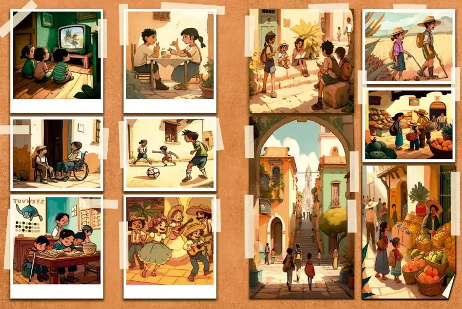 Collage de fotografías e ilustraciones enmarcadas como polaroids sobre un fondo color corcho. Muestran escenas cotidianas de niñas y niños mexicanos: viendo televisión, conversando en una mesa, jugando en la calle, una persona en silla de ruedas, un partido de fútbol, un salón de clases, un baile folclórico con mariachi, una calle colonial con arco, un mercado con frutas y verduras, y un campo de cultivo con campesinos.