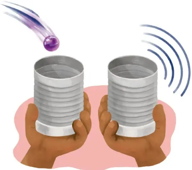 Ilustración de dos manos sujetando dos latas de metal; en la lata de la izquierda se ve cayendo una canica morada y en la derecha se dibujan líneas de ondas que representan las ondas sonoras que emite la lata.