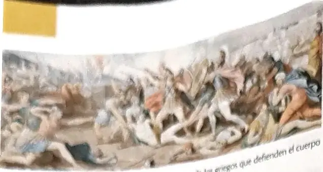 Representación en un vaso griego de una batalla de los griegos que defienden el cuerpo de Patroclo.