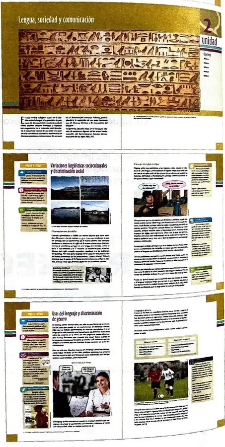 Muestra la apertura de una unidad de Lengua, Sociedad y Comunicación, con una imagen relacionada con la escritura antigua.