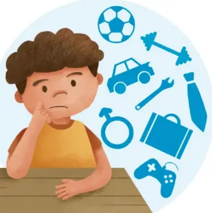 Niño con expresión pensativa apoyando la cabeza; a su alrededor, íconos azules de estereotipos asociados a hombres: balón de fútbol, pesas, herramienta, auto, llave, corbata, maletín y control de videojuegos. Crédito: Luis Ángel, Ciudad de México.