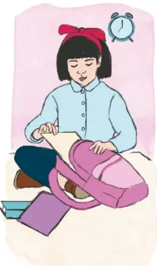 Ilustración de una niña con mochila rosa sentada preparándose para ir a la escuela, con un reloj despertador a un lado. Crédito: Filomena Tun Cocon, Quintana Roo.
