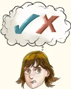 Ilustración de una joven pensativa con un globo de pensamiento que contiene un check verde y una X roja.