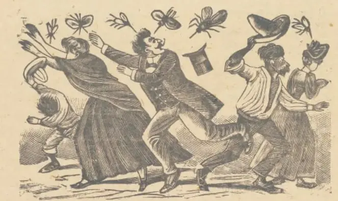 Grabado en blanco y negro con marco decorativo floral; muestra a varias personas (un hombre con sombrero, una mujer con falda larga, un niño) huyendo y espantando mosquitos gigantes con las manos y un sombrero.