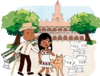 Abuelo con sombrero de paja y niña con ropa tradicional frente a un edificio de la comunidad, junto a un perro.