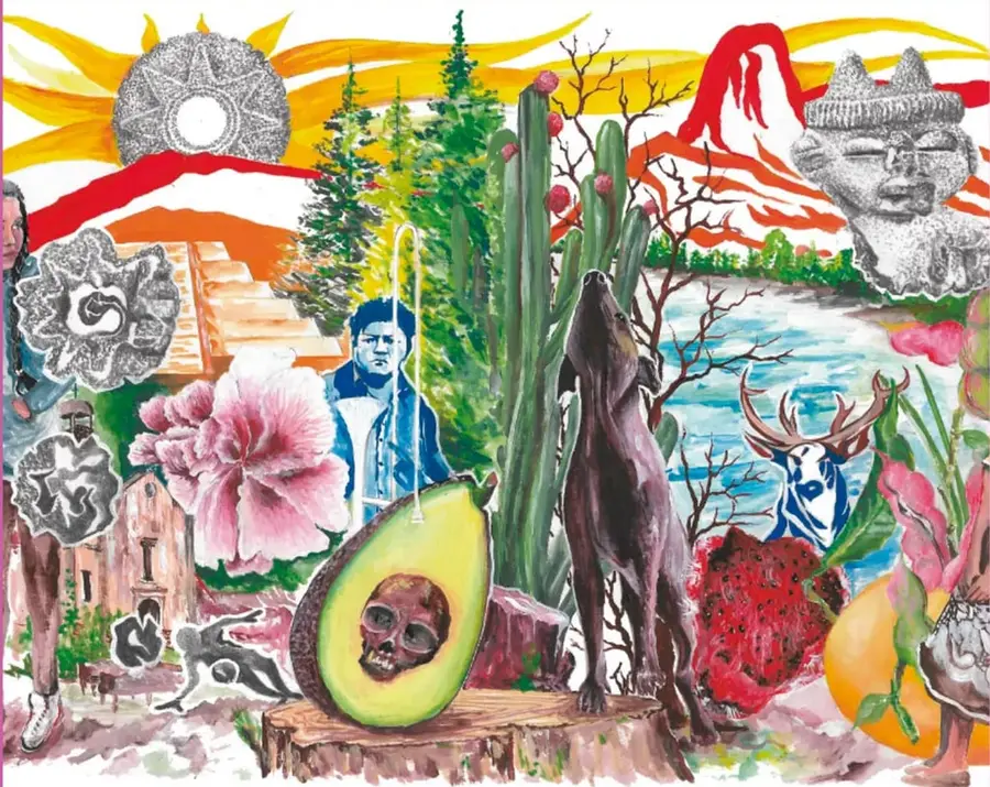 Ilustración-artesanía en collage que combina paisaje mexicano: sol con rostro, montañas y volcán nevado, cactus, árboles, río, flores (dalia), frutos (aguacate con calavera en el hueso, pitaya, mandarina), un venado azul, un perro aullando, cabeza colossal prehispánica, iglesia de pueblo, figuras humanas (una con raqueta, otra joven con gorra). Crédito: José Alfredo Jiménez Martínez, Michoacán.