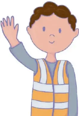 Ilustración de un niño con chaleco de seguridad levantando la mano.
