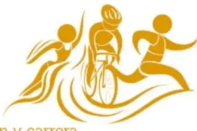 Pictograma naranja de tres figuras corriendo y en bicicleta (triatlón).