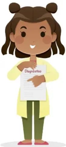 Ilustración de una niña con bata y gafete que sostiene una ficha de diagnóstico.