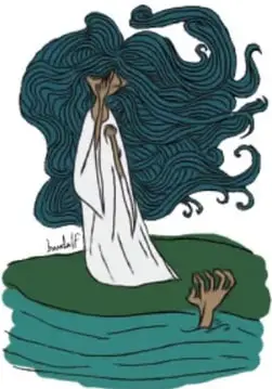 Ilustración de una figura femenina lloranta con cabello largo y oscuro sobre un entorno verde, de Julio César Banda Tecalco, Veracruz.