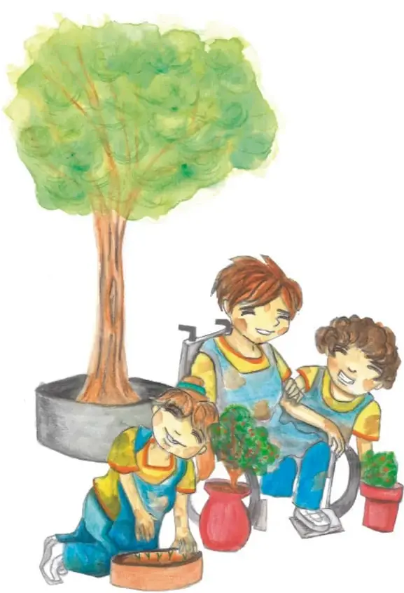 Ilustración de tres niños en un jardín escolar: uno en silla de ruedas, otro arrodillado plantando y una niña, junto a un árbol grande y varias macetas con plantas.