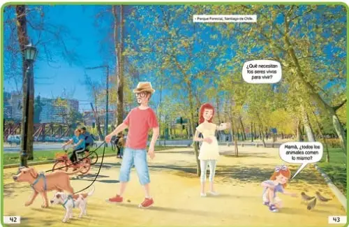 Escena urbana del Parque Forestal, Santiago de Chile, con árboles, un puente y edificios al fondo. Aparecen una mujer, un hombre con un perro con correa, una niña y otra niña observando aves. Globos de diálogo sobre lo que necesitan los seres vivos para vivir.