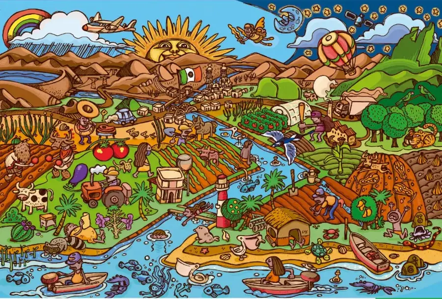 Ilustración panorámica a color de un paisaje mexicano con montañas, volcanes, río, mar, playa, campos cultivados, ganado, mina, faro, pueblos y personas diversas; cielo con sol, arcoíris, globo aerostático, avioneta y luna nocturna con estrellas. Firma: José Alfredo (Fito) Contreras Godínez.