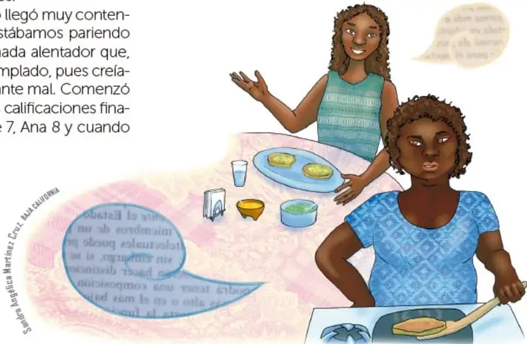 Ilustración de dos mujeres: una joven de pie con blusa verde y otra sentada con blusa azul, frente a una mesa con alimentos. Hay un globo de diálogo con texto ilegible.