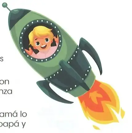 Ilustración de un astronauta flotando en el espacio junto a un pequeño cohete y la Tierra.