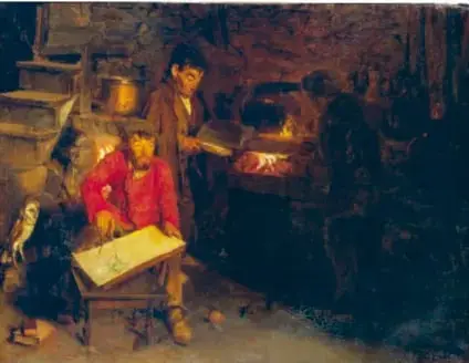 Obra 'Los gnomos alquimistas' (1912) de Luis Menéndez Pidal: escena nocturna donde gnomos trabajan alrededor de un fuego con libros y utensilios.